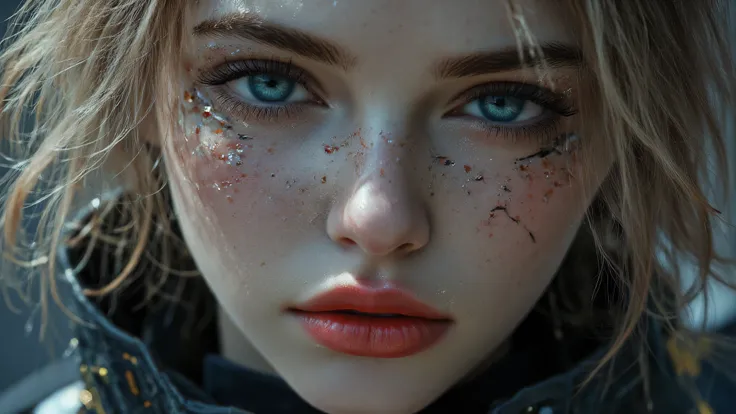 Design a bold, dynamic close-up portrait of Dr. Selene Korr, the resilient main character of “The Last Breath of Orion-9.” Capture every detail of her expressive face, highlighting fierce, determined eyes, visible scars, and a look that mixes sadness with ...