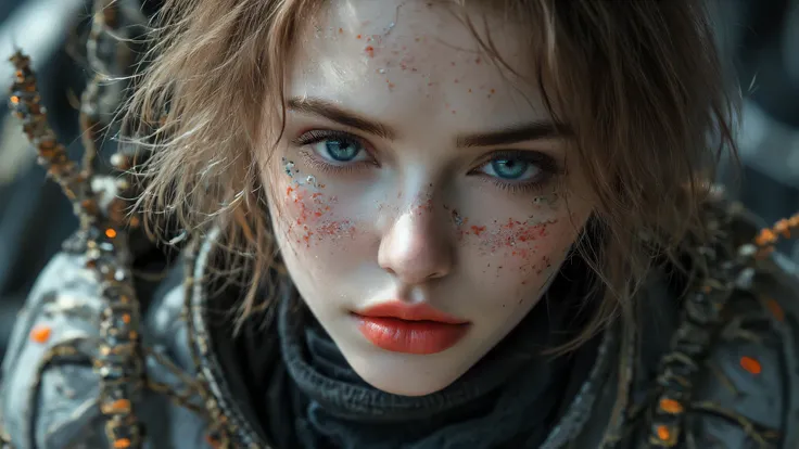 Design a bold, dynamic close-up portrait of Dr. Selene Korr, the resilient main character of “The Last Breath of Orion-9.” Capture every detail of her expressive face, highlighting fierce, determined eyes, visible scars, and a look that mixes sadness with ...