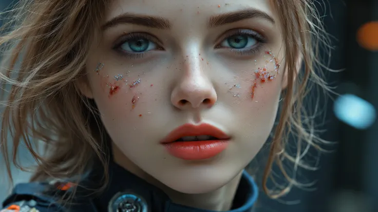 Design a bold, dynamic close-up portrait of Dr. Selene Korr, the resilient main character of “The Last Breath of Orion-9.” Capture every detail of her expressive face, highlighting fierce, determined eyes, visible scars, and a look that mixes sadness with ...