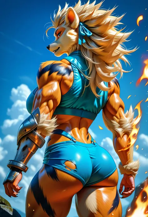 Anthro furry Arcanine, adult female, hyper giga muscular build — massive biceps, broad shoulders, thick thighs, ripped six-pack abs, and sharp claws. Long fiery mane flows behind her, fierce yet beautiful, with wild orange-and-black striped fur. Semi-reali...
