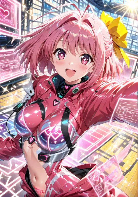 (highest quality:1.2, 4K , 8k , Studio Anime , Very detailed , up to date , Vibrant , High detail , High Contrast , masterpiece:1.2, highest quality , Best aesthetics) , (((1 girl))) , nakagawa_kanon ,kanon nakagawa, (solo), short hair, pink hair, yellow h...