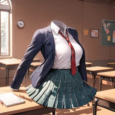 (invisible:1.5, no humans:1.5, headless:1.5, faceless:1.5), (plaid skirt,school uniforms in class:1.2), (big breast), (best quality, masterpiece:1.2), detailed cloth texture, detailed anime, illust