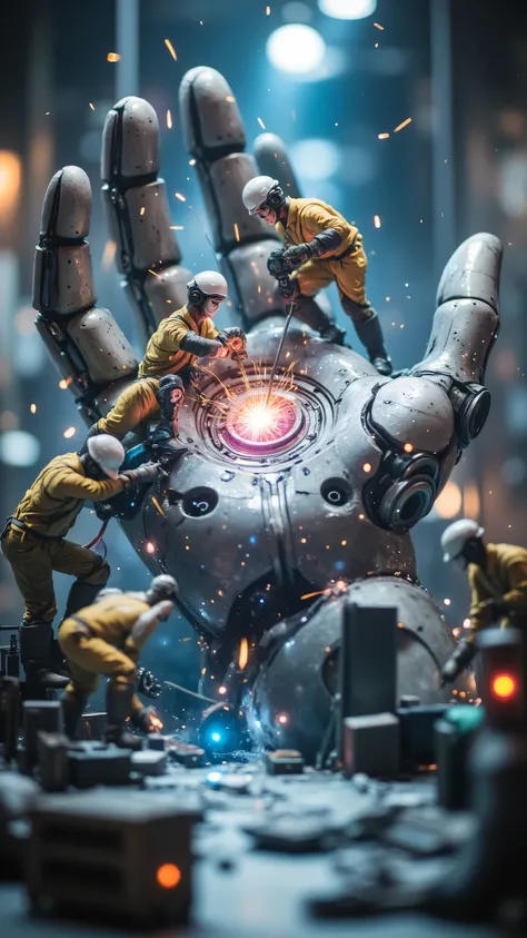 Miniature diorama, macro shot of a cybernetic prosthetic hand in lab setting – gleaming with cold metallic sheen on titanium alloy frame, organic fusion at neural interface ports. Repair crews swarm the structure: workers hauling hydraulic actuators via an...