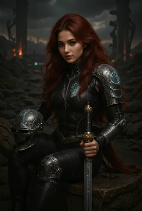 FUTURISTIC CYBERPUNK WARRIOR WITH ARMOR SIMILAR TO THE PHOTO, WITH DETAILS OF FLUORESCENT LIGHTS IN ITS WATERMARKS AND WALL LIGHTS