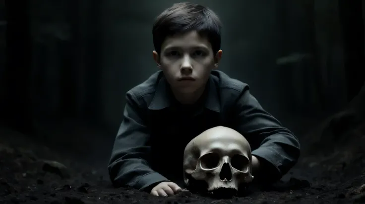 A dark, cinematic thumbnail for a mystery story. On the left side, a black-and-white portrait of a serious young boy with short dark hair and a dark collared shirt. Below him, a realistic human skull resting on dark soil. In the centerThe atmosphere is ten...