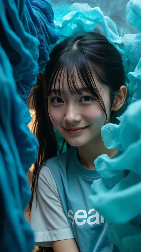 Create a captivating close-up of a young woman's face, set against the soft glow of a blue organza ceiling. Her eyes seem to reflect the vibrant colors of ocean waves, echoing the hues of the "seaart" logo on her T-shirt, which gradates from deep blue to t...