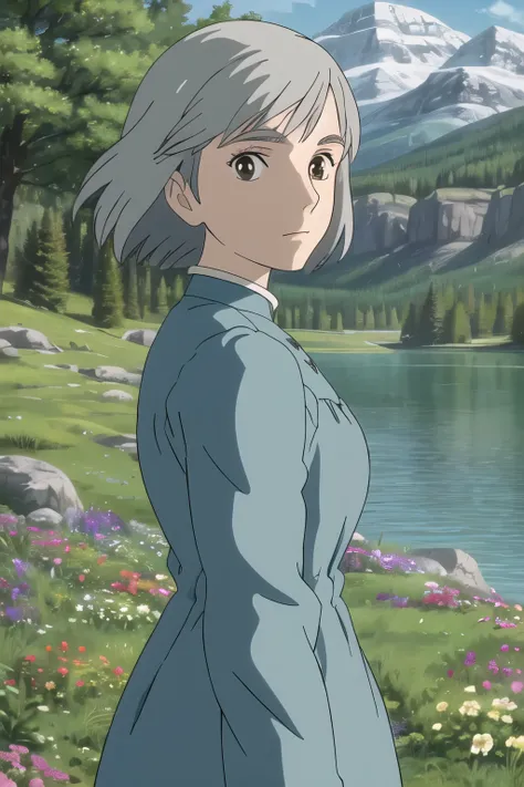 upper body, (best quality), (masterpiece), (solo), 1girl, grey hair, brown eyed, medium length hair, blue dress, grass, flowers, lake, trees, mountains, sunny, looking at viewer