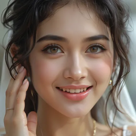hyper realistic, masterpiece, best quality, ultra detailed, photorealistic, 1girl, smile, (simple background:1.1)