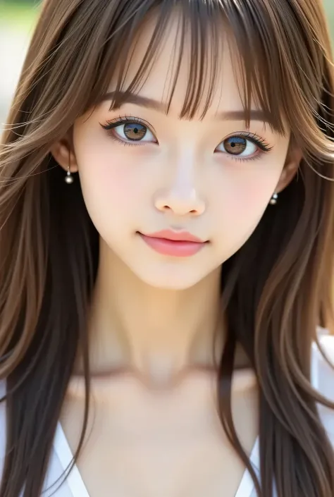 masterpiece , High Quality, SUPER DETAILS, Ultra HD, 8k，16k，32K, 最High Quality , Detailed Faces, Fine brown eyes，  beautiful god death face ，18 year old girl，cute face, bungs， straight hair ，bungs ，Half Smile   , Outdoors，viewer
