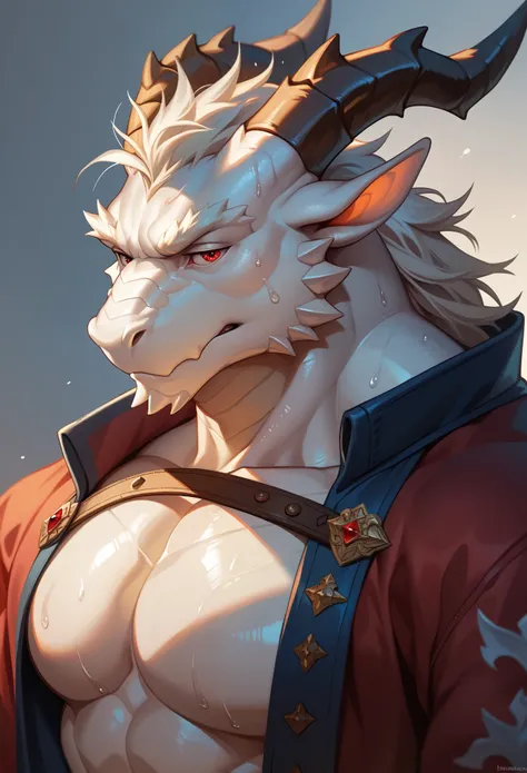 dragon,White body, scale , male,furry,( red eyes), scale , handsome,simple background, unhappy,Strong,muscles,sweat,medieval, mature,facial details, detailed eyes, 