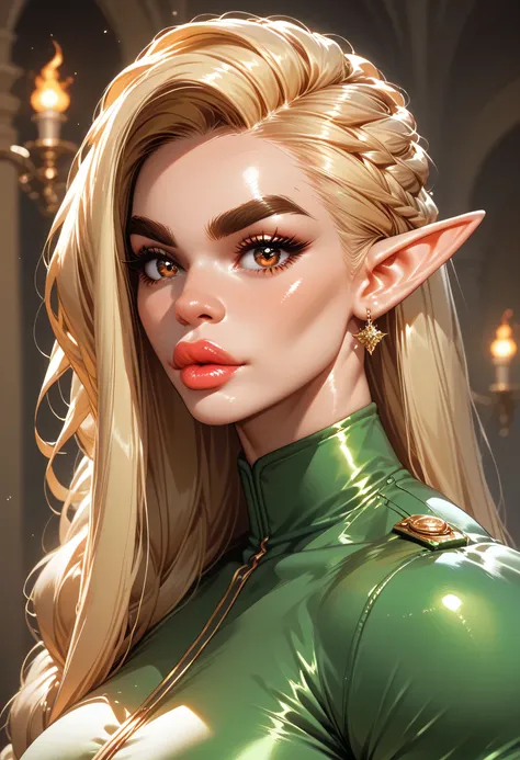 (Perfect face) (Long Hairstyle, Bright Blonde Hairstyle) (Black Thick Eyebrows, Glowing Brown Eyes, Thick Nose, Bright Red Thick Lips) (Beautiful Female) (Female Elf, Green Uniform Top) (Female Muscular, Perfect Body, Beauty Female)