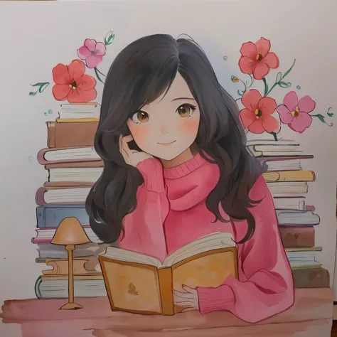 painting of a girl reading a book in front of a stack of books, book portrait, traditional art , colored drawing, inspired by Naoko Takeuchi, full colored drawing, in a library, illustration!, colorful watercolor painting , colored drawing, beginner art,...