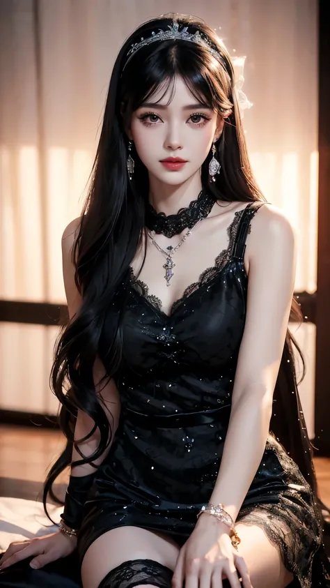 4K, UHD, masterpeice, 1 girl, good face, happy face, ((skin)), detailed eyes, detailed lipstick, very long hair, straight hair, very long hair, beautiful hair, hair ornaments, hairband, gradient hair, ((black stocking)), ((princess clothing)), ((decorated ...
