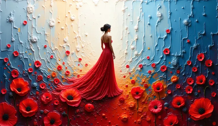 painting of a woman in a flowing red dress, blue and white background with huge poppies at the bottom, Lots of poppies, intricate oil  painting artwork,  Detailed oil painting in 4K, detailed painting 4K, intricate and intense oil paint, artistic painting,...