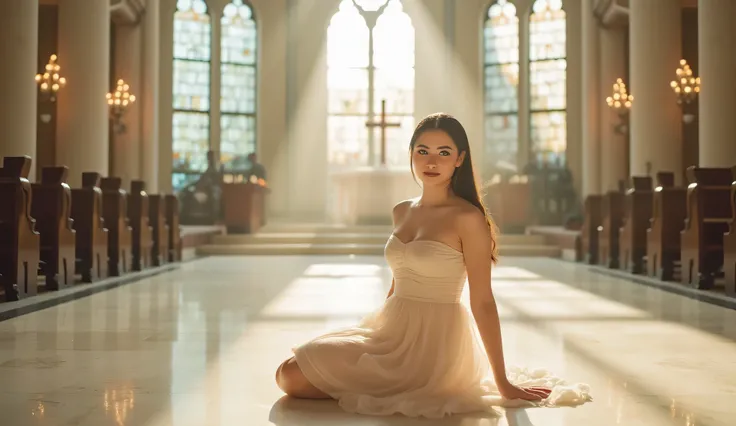 A beautiful young woman with fair, porcelain-like skin, flawless texture, kneeling gracefully on a glossy marble floor inside a majestic cathedral. She is facing the camera directly, her entire face clearly visible, making gentle eye contact. She wears a f...