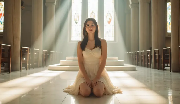 A beautiful young woman with fair, porcelain-like skin, flawless texture, kneeling gracefully on a glossy marble floor inside a majestic cathedral. She is facing the camera directly, her entire face clearly visible, making gentle eye contact. She wears a f...