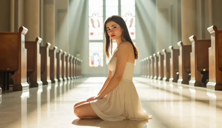 A beautiful young woman with fair, porcelain-like skin, flawless texture, kneeling gracefully on a glossy marble floor inside a majestic cathedral. She is facing the camera directly, her entire face clearly visible, making gentle eye contact. She wears a f...
