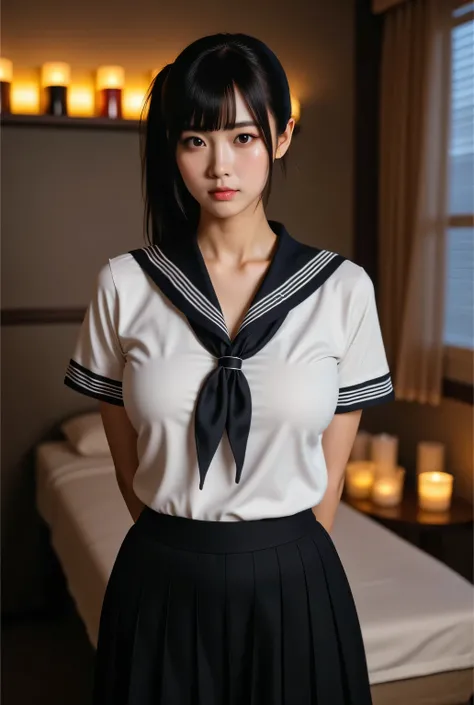 Highest quality, photo realistic, high resolution, masterpiece,
Super beautiful Japanese mature woman, 50years old, her job is a masseuse, looks like a intimidating dominatrix, closed mouth, condescending gaze, charm with gaze, staring at the viewer, long ...