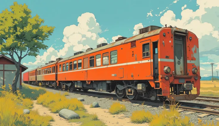 Oil and acrylic painting on canvas ,of rusty red train in small train station near it on the left of it, not detailed train, simple, there is s tree near it, have an open contaier back pf it. but the camera is only on the train. The scene is rendered in a ...
