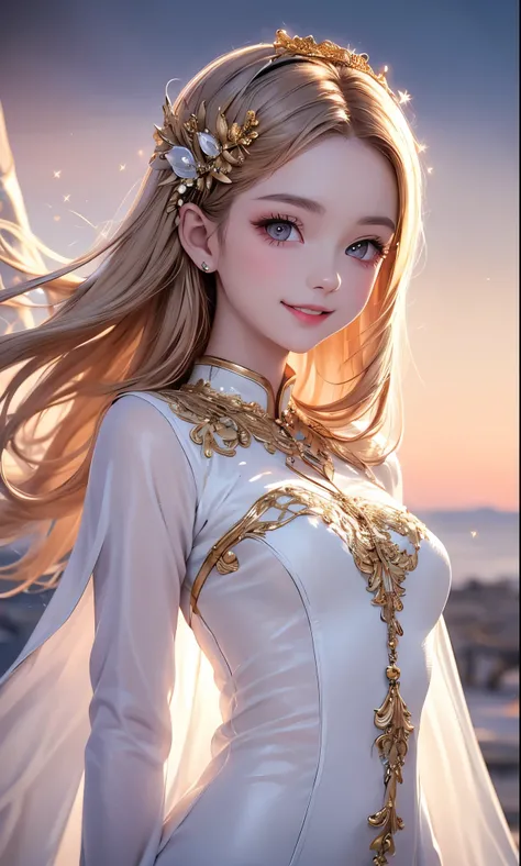 (masterpiece),(4K),High Quality,(small breasts),1 girl,long blonde,pale skin,smile,Beautifully detailed golden eyes , ( high-definition and elegant ),( white cape let fashion), magical colors and vibes, detailed skin from sleeve to chest,(Cute sparkle), li...