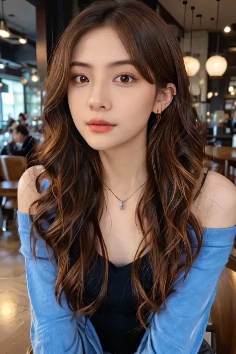 ((Masterpiece, high quality, super detailed, 8k, RAW Photo, hyper-realistic)), 1 woman, long wavy hair, ((brown ombre hair)), Perfect face, thin face ((lying silkworm eyes)), shinny skin, long sleeve t-shirt, off shoulder, in modern cafe, look at the camer...