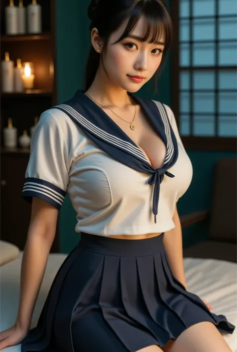 Highest quality, photo realistic, high resolution, masterpiece,
Super beautiful Japanese mature woman, 50years old, her job is a masseuse, looks like a intimidating dominatrix, closed mouth, condescending gaze, charm with gaze, staring at the viewer, long ...