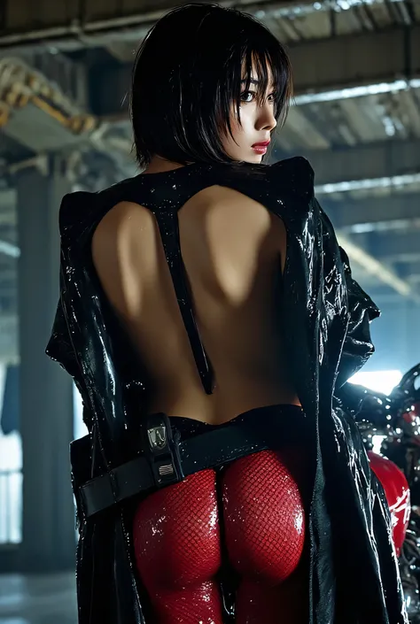 (((Inside the dark Nostromo ship :2.0))),(((Crimson Room:2.0)))),(((HR Gigger style cyberpunk atmosphere:2.0))),((Ride a bright red motorcycle:2.0)),(((Ride on a big cyberpunk motorcycle:2.0))),side view from the back,Side pose,((Looking back and looking a...