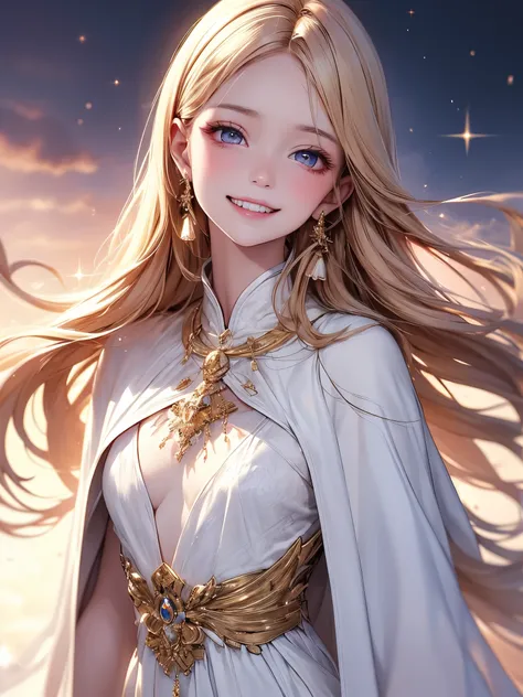 (masterpiece),(4K),High Quality,(small breasts),1 girl,long blonde,pale skin,smile,Beautifully detailed golden eyes , ( high-definition and elegant ),( white cape let fashion), magical colors and vibes, detailed skin from sleeve to chest,(Cute sparkle), li...