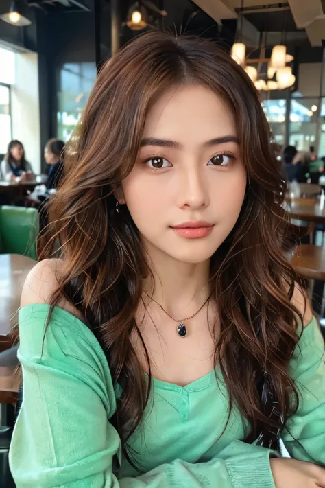 ((Masterpiece, high quality, super detailed, 8k, RAW Photo, hyper-realistic)), 1 woman, very beautiful, long wavy hair, ((brown ombre hair)), Perfect face, thin face ((lying silkworm eyes)), shinny skin, green long sleeve t-shirt, off shoulder, in modern c...