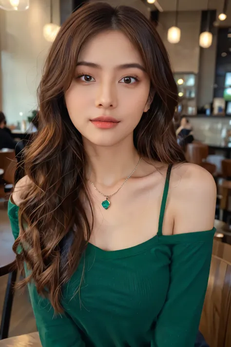 ((Masterpiece, high quality, super detailed, 8k, RAW Photo, hyper-realistic)), 1 woman, very beautiful, long wavy hair, ((brown ombre hair)), Perfect face, thin face ((lying silkworm eyes)), shinny skin, green long sleeve t-shirt, off shoulder, in modern c...