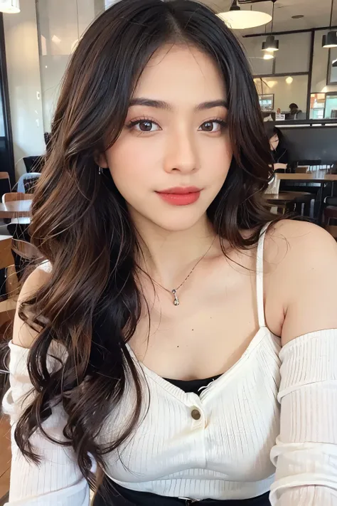 ((Masterpiece, high quality, super detailed, 8k, RAW Photo, hyper-realistic)), 1 woman, very beautiful, long wavy hair, ((brown ombre hair)), Perfect face, thin face ((lying silkworm eyes)), shinny skin, white long sleeve t-shirt, off shoulder, in modern c...