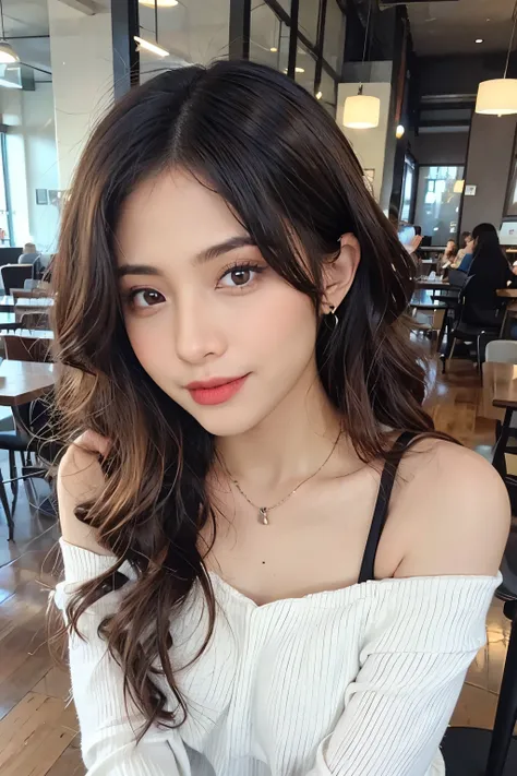 ((Masterpiece, high quality, super detailed, 8k, RAW Photo, hyper-realistic)), 1 woman, very beautiful, long wavy hair, ((brown ombre hair)), Perfect face, thin face ((lying silkworm eyes)), shinny skin, white long sleeve t-shirt, off shoulder, in modern c...
