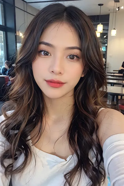 ((Masterpiece, high quality, super detailed, 8k, RAW Photo, hyper-realistic)), 1 woman, very beautiful, long wavy hair, ((brown ombre hair)), Perfect face, thin face, ((lying silkworm eyes)), shinny skin, white long sleeve t-shirt, off shoulder, in modern ...