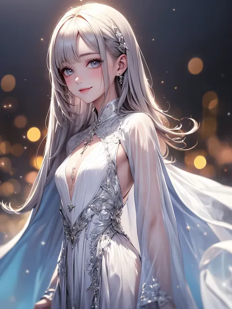 (masterpiece),(4K),High Quality,(small breasts),1 girl,long gray hair,pale skin,smile, beautifully detailed grey eyes, ( high-definition and elegant ),( white cape let fashion), magical colors and vibes, detailed skin from sleeve to chest,(Cute sparkle), l...