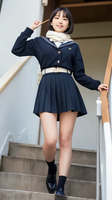 (((Japanese woman))), high school girl,bob cut:(1.2), beautiful black hair:(1.3), (Clear dark eyes), Light in your eyes, (thigh), (Black shoes),  slim body , Cute smile like an idol:(1.35), Face drawn precisely:(1.4), (Fingers drawn precisely), 足Fingers dr...