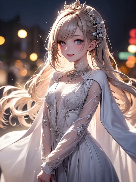 (masterpiece),(4K),High Quality,(small breasts),1 girl, Long Silver Hair ,pale skin,smile, beautifully detailed grey eyes, ( high-definition and elegant ),( white cape let fashion), magical colors and vibes, detailed skin from sleeve to chest,(Cute sparkle...