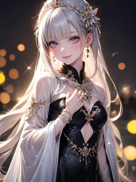 (masterpiece),(4K),High Quality,(small breasts),1 girl, Long Silver Hair ,pale skin,smile, beautifully detailed grey eyes, ( high-definition and elegant ),( white cape let fashion), magical colors and vibes, detailed skin from sleeve to chest,(Cute sparkle...