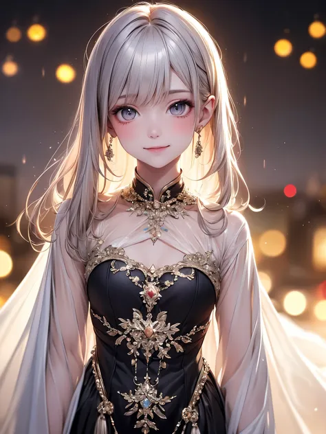 (masterpiece),(4K),High Quality,(small breasts),1 girl, Long Silver Hair ,pale skin,smile, beautifully detailed grey eyes, ( high-definition and elegant ),( white cape let fashion), magical colors and vibes, detailed skin from sleeve to chest,(Cute sparkle...