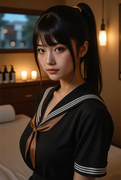 Highest quality, photo realistic, high resolution, masterpiece,
Super beautiful Japanese mature woman, 50years old, her job is a masseuse, looks like a intimidating dominatrix, closed mouth, condescending gaze, charm with gaze, staring at the viewer, long ...