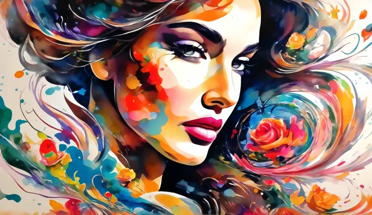 A mystical woman in a, dress with a swirl pattern, her body merging perfectly with a vibrant abstract pattern of splashes. In front of you is a vibrant garden with delicate flowers, She delicately touches a rose. Your jewels sparkle with intricate floral m...