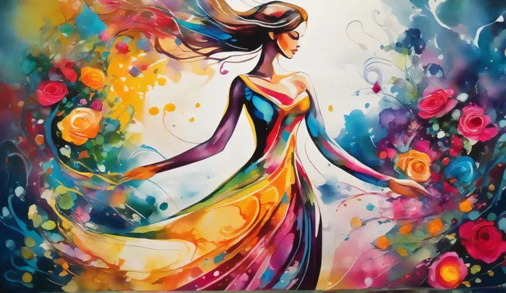 A mystical woman in a, dress with a swirl pattern, her body merging perfectly with a vibrant abstract pattern of splashes. In front of you a vibrant garden with delicate flowers, She delicately touches a rose. Your jewels sparkle with intricate floral moti...