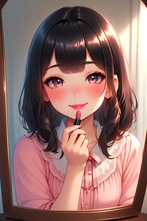 close up face, a girl face in reflected mirror:1.3, face to viewer, smile, subtle blush, dreamy expression, apply lipstick, holding a lipstick, reflection, chiffon tunic, bedroom (ultra-detailed, masterpiece, high quality, 8K),  medium hair, black hair, si...
