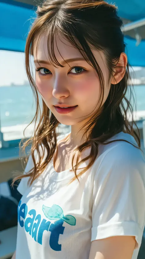 Design an ethereal close-up of a young woman's face, with a focus on capturing the essence of the ocean. Her eyes sparkle with a hint of the sea's mystery, and her skin glows softly under the diffused light filtering through the blue organza ceiling. The "...