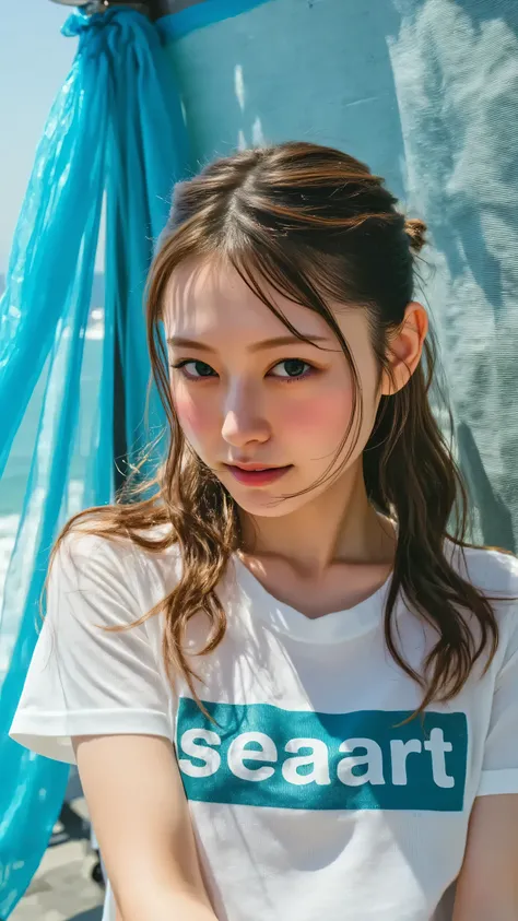 Design an ethereal close-up of a young woman's face, with a focus on capturing the essence of the ocean. Her eyes sparkle with a hint of the sea's mystery, and her skin glows softly under the diffused light filtering through the blue organza ceiling. The "...