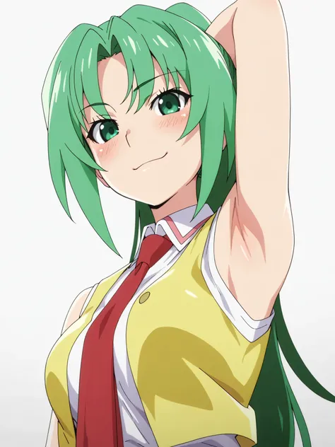 masterpiece, best quality, amazing quality, anime screencap, anime coloring, 1girl, solo, Mion Sonozaki (character), sonozaki mion, long hair, green hair, green eyes, ponytail, Mion school uniform (outfit), necktie, yellow vest, red necktie, white shirt, s...