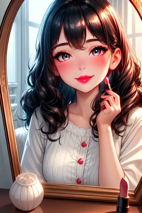 close up face, a girl face in reflected mirror:1.3, face to viewer, smile, subtle blush, dreamy expression, apply lipstick, holding a lipstick with right hand, reflection, bedroom, (ultra-detailed, masterpiece, ultra realistic, high quality, 8K),  black ha...