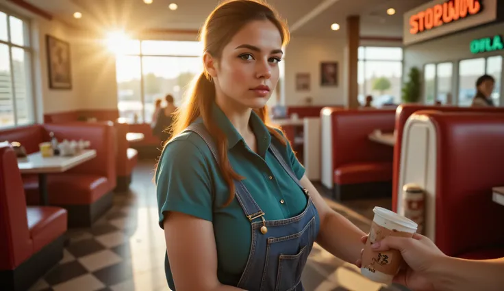 A young waitress with a visible facial scar stands behind the service counter of a retro American diner during golden hour. She is wearing a teal work shirt and denim overalls, her hair tied back in a ponytail. Her expression is focused and slightly tense,...