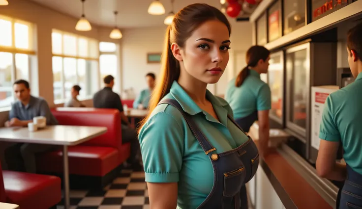 A young waitress with a visible facial scar stands behind the service counter of a retro American diner during golden hour. She is wearing a teal work shirt and denim overalls, her hair tied back in a ponytail. Her expression is focused and slightly tense,...