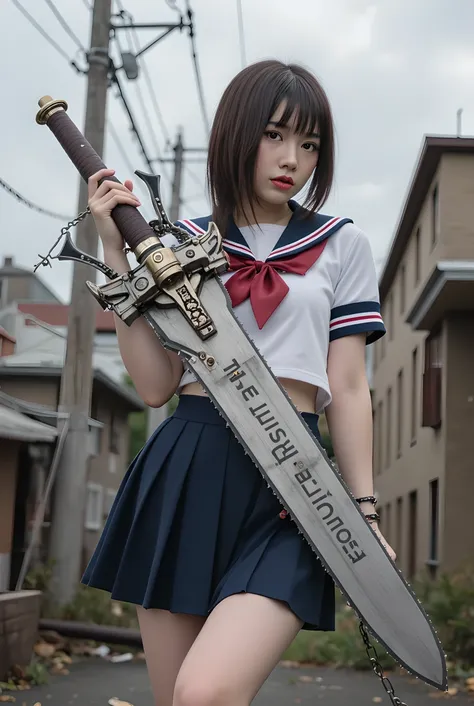 GOD EATER, a commanding figure of a Japanese girl in a sailor school uniform miniskirt stands in a dystopian urban setting, ((wielding a massive, highly detailed mechanical chainsaw-like sword covered in complex mechanical parts , gears and rivets, very st...