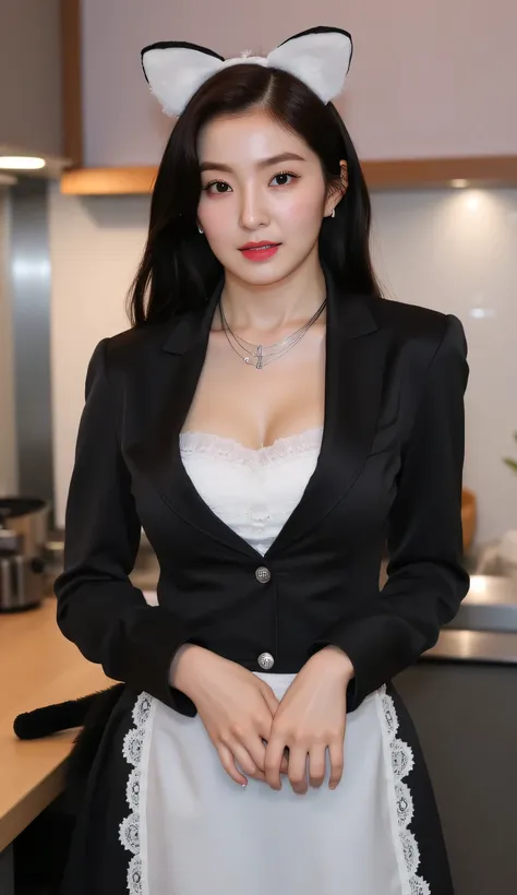a woman, standing in the kitchen, body facing front, Eyes looking at the camera, both hands folded on the stomach, using a long-sleeved waitress uniform with a long skirt to toe of black color, lacy long to toe apron of white color, using stockings of wh...